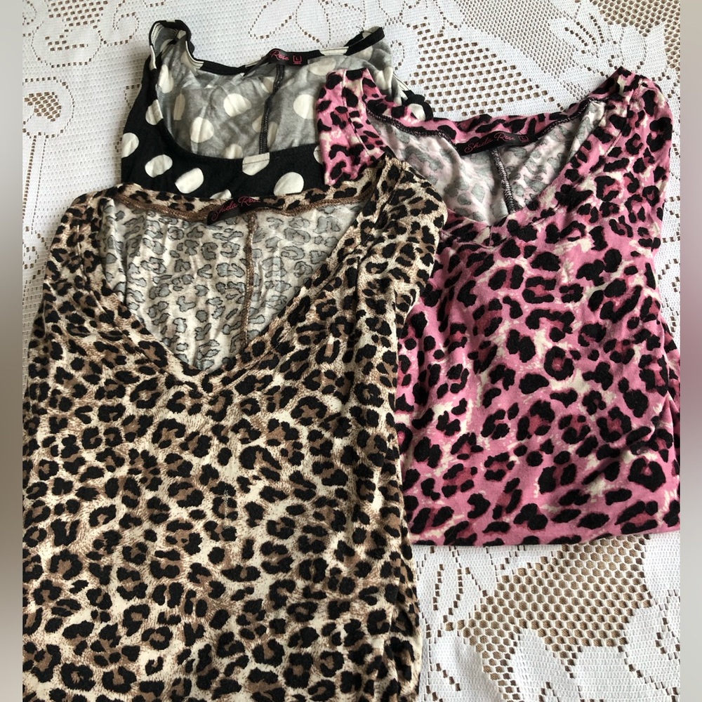 Leopard Print and Polka Dot  Women's Tops Set - Pink, Brown, Black & White Sz L